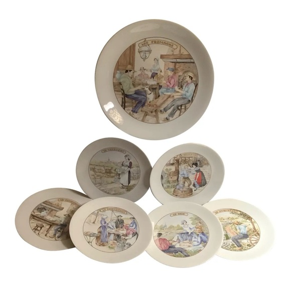 French Limoges Apilco Village Scenes Cheese Plate \ Dessert Set - 7 Piece Set - Picture 2 of 13